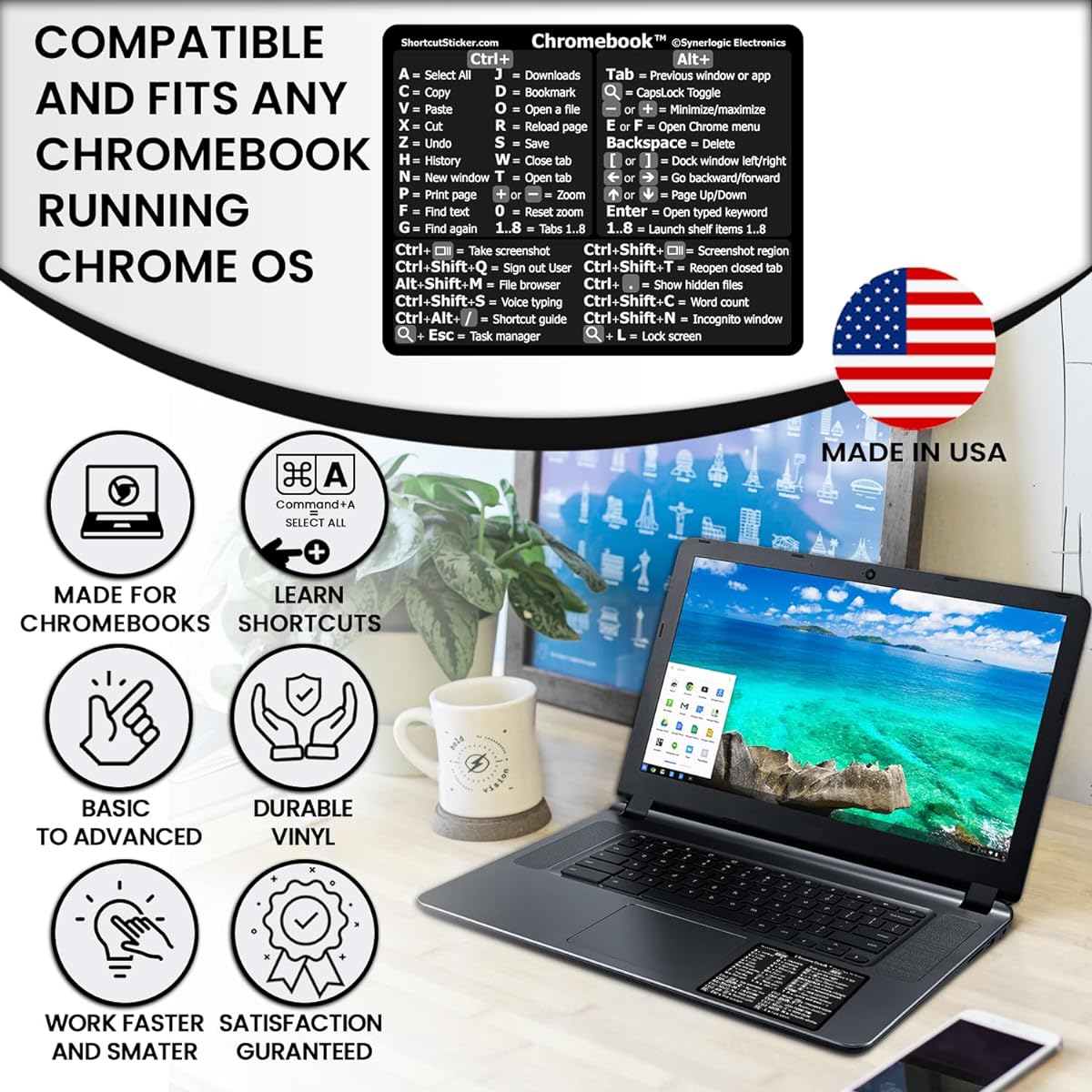 SYNERLOGIC Chrome OS Reference Keyboard Shortcuts Stickers - Non-Trace Vinyl - Size 3"x2.4" for Chromebook Laptop Running Chrome OS (Black 100 Pack)