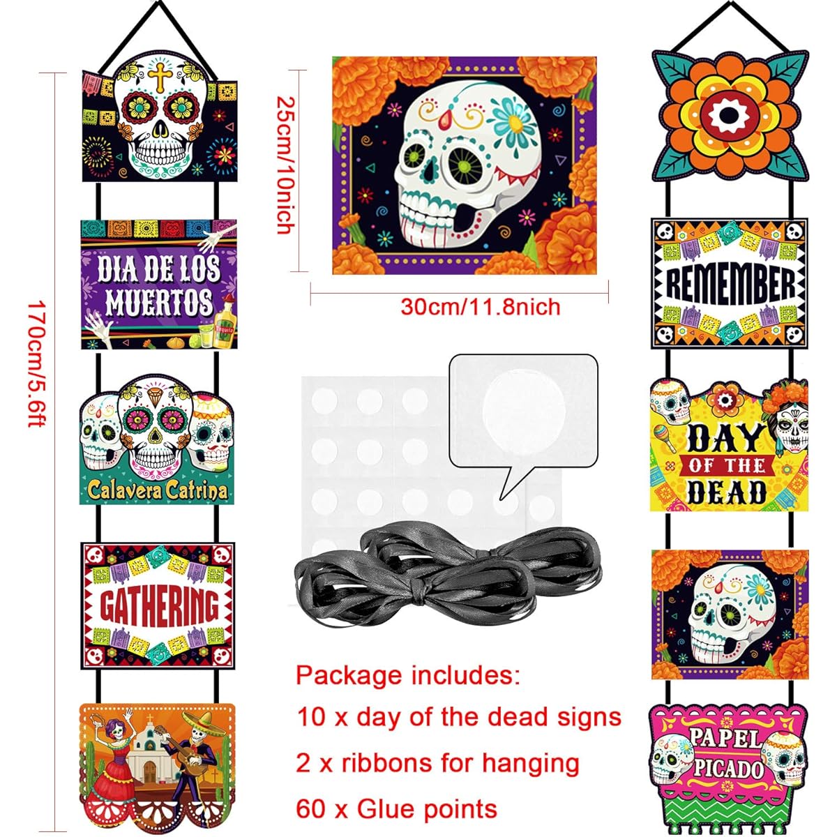 Day of the Dead Decorations Dia de los Muertos Banner Laminated Day of the Dead Sign Indoor Outdoor Mexican Decor Party Welcome Porch Sign Paper Cutouts