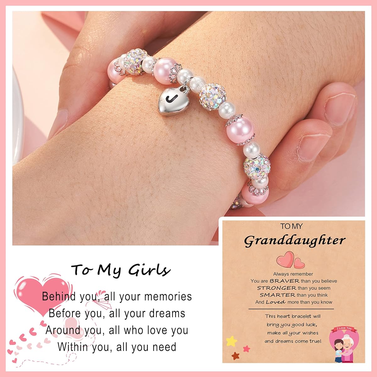 ASKRAIN HGDEER Little Girls Heart Bracelet for Granddaughter, Pink Pearl and Rhinestone Ball Bracelet, Adjustable Length, Great Valentine's Day or Birthday Gift