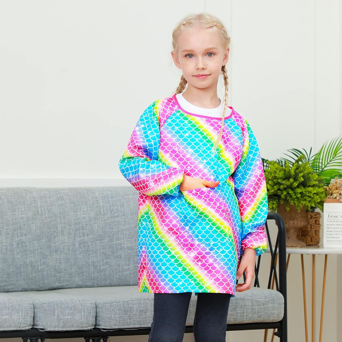 PASHOP Kids Art Smock Unicorn Waterproof Painting Apron Smock for Girls and Boys Long Sleeve Knee Length Artist Smock with Pockets Ages 3-12 (Rainbow Mermaid Ages 8-12)