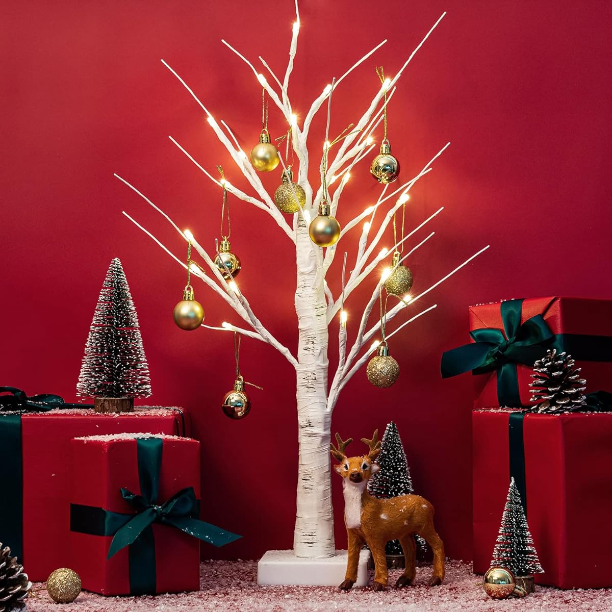 JACKYLED 28 LED White Birch Tree Lights Battery Powered Warm White Artificial Lighting for Birch Bonsai Christmas Jewelry Holder Party Home Decorations Set of 2