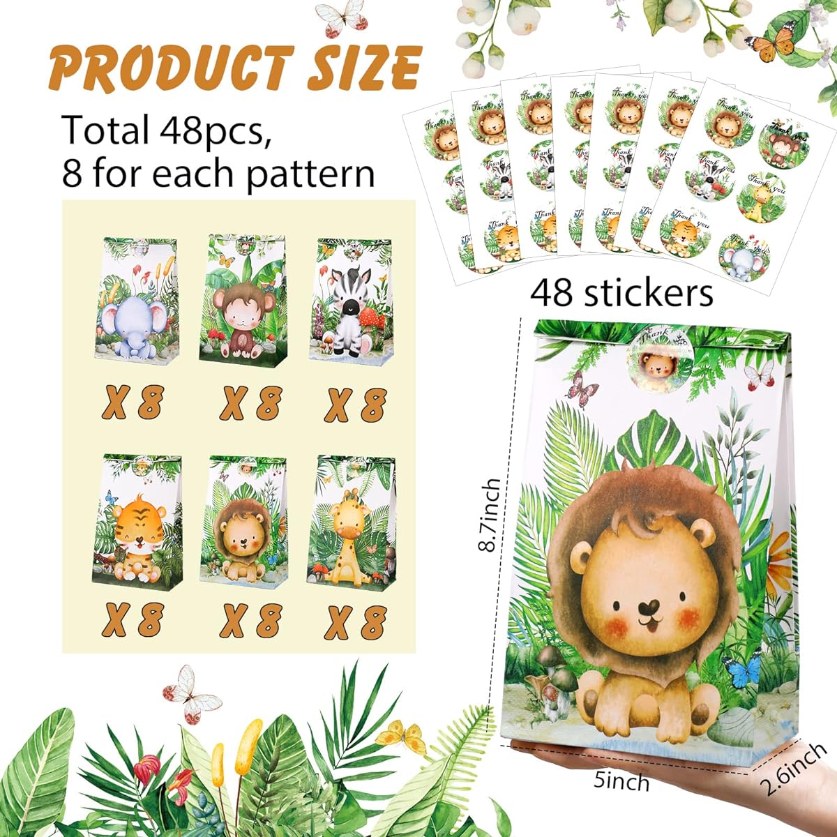TaoBary Safari Jungle Party Favors Goodie Bags with Stickers Jungle Animal Candy Cookie Gift Goodie Bags Safari Theme Birthday Party Supplies 48pcs