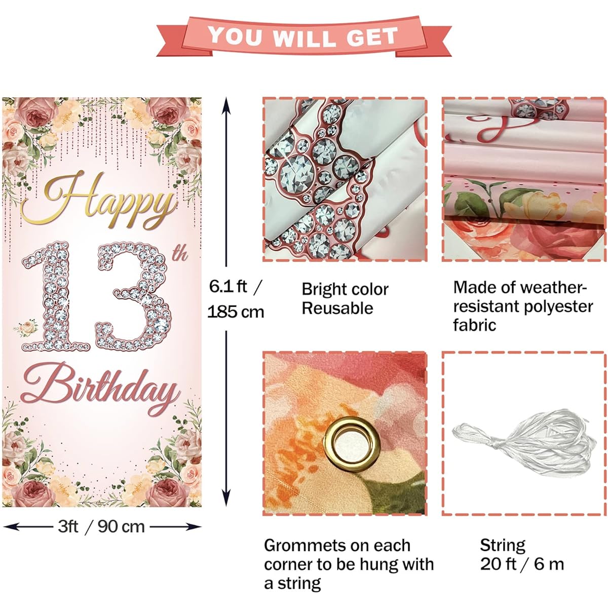 HTDZZI 13th Birthday Door Banner Backdrop Happy 13th Birthday Decorations for Girls Rose Gold 13th Birthday Party Yard Signs Poster Pink Floral 13th Birthday Photo Booth Props Fabric Sturdy