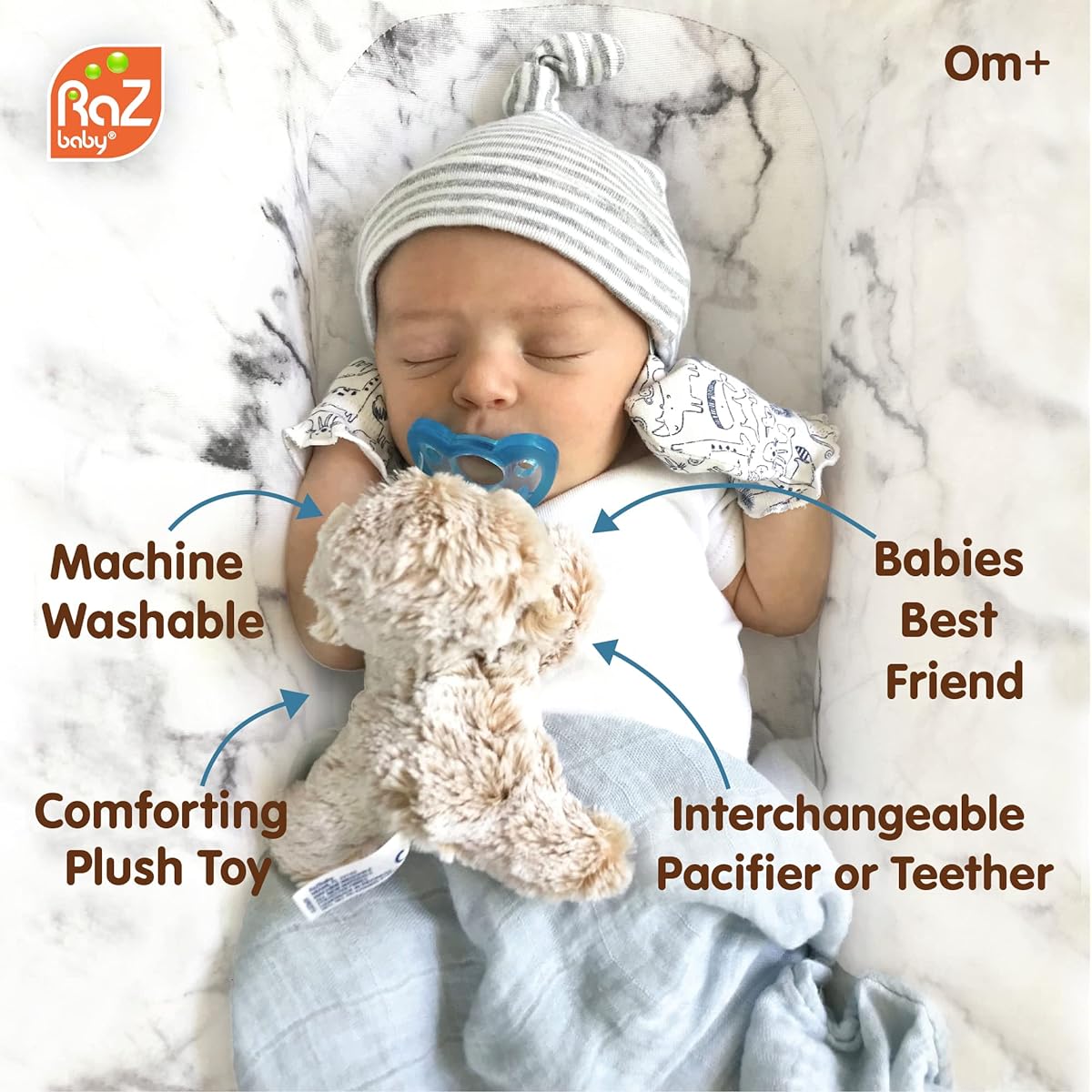 RaZbaby RaZberry Teether, Holder w/Detachable Baby Teething Toy, Textured BerryBumps Soothe Sore Gums, Machine Washable Stuffed Animal RaZbuddy, All Ages 0M+, Easy to Hold or Hands-Free – Sloth/Tan