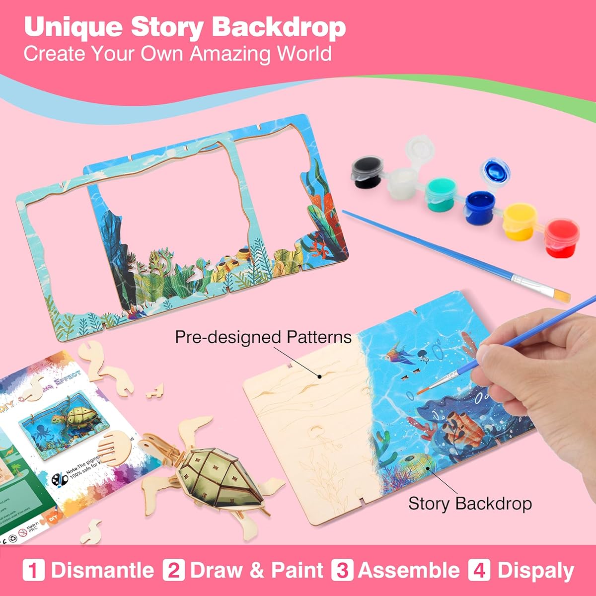 LukiWit Kids DIY Crafts Make & Paint Wooden Crafts - Sea Turtle Story with Background Fish Easy to Assemble Arts & Crafts Kit with Paint 3D STEM Models for Boys and Girls Ages 6 7 8 9 10 11 12, PZV107, Sea Animals