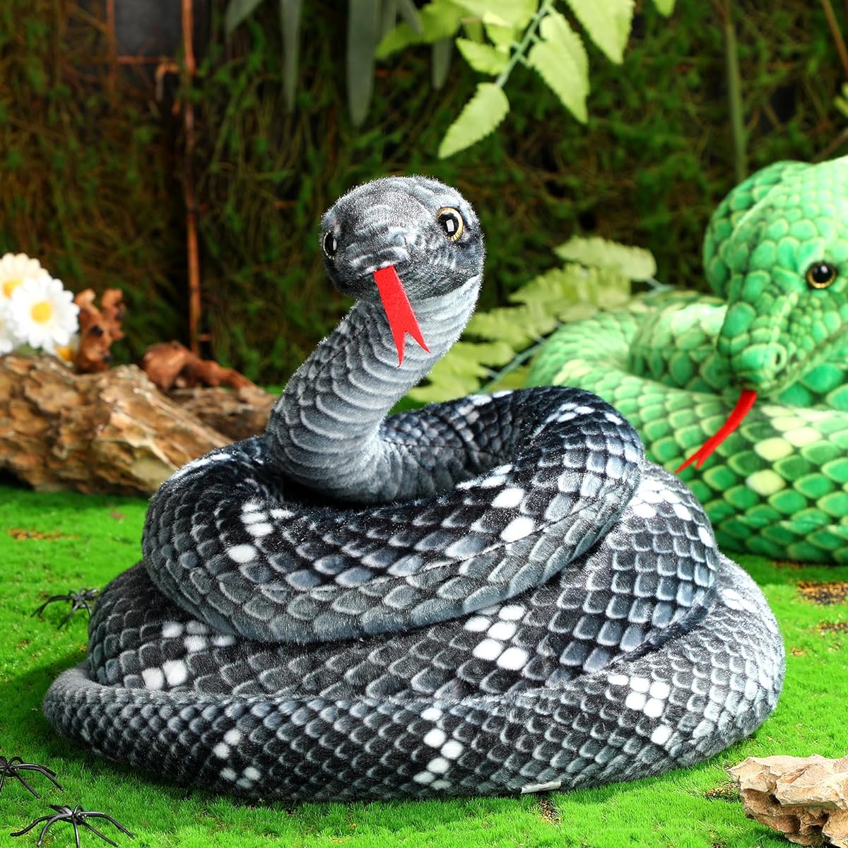 Hiboom Giant Snake Stuffed Animal, Large Stuffed Snake, Realistic Snake Plush Toy, Lifelike Plush Snake Toy, Gift for Birthday Party and Prank Props (Black, Grey, 71 Inch)