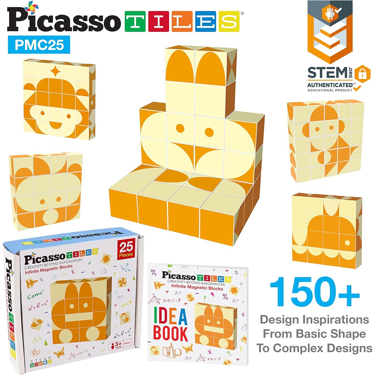 PicassoTiles 25 Piece Magnetic Puzzle Game Magic Cube Puzzle Brain Teaser Set Kids Toys Magnet Pattern Blocks Matching Toy with Idea Book Over 150 Inspirations STEM Education Early Childhood Education Multicolor