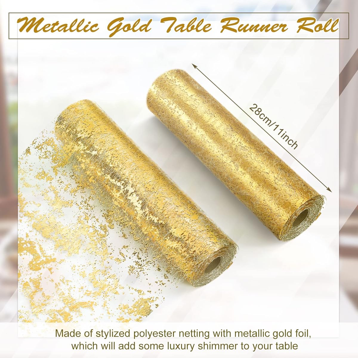 Metallic Gold Thin Table Runner Roll 11" x 65' Glitter Gold Foil Mesh Sequin Table Runner Decor for Dining Table Centerpieces Party Wedding Baby Shower Christmas Decorations (2)