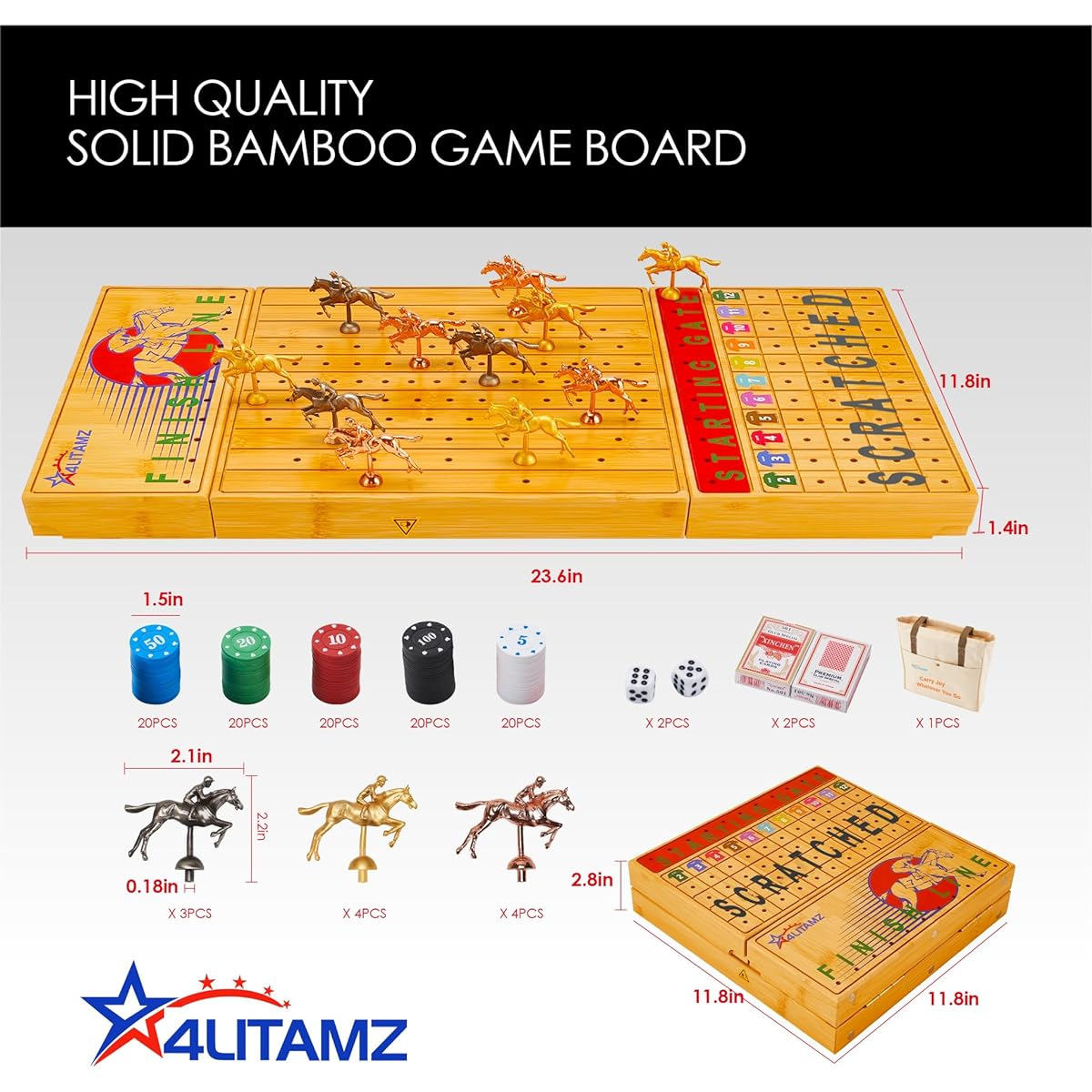 4Litamz Horse Racing Board Game, Portable Horse Racing Board Game with 11 Luxury Metal Craft Horses, Foldable Chess Board, 2 Dice, 2 Pokers and 100 Chips