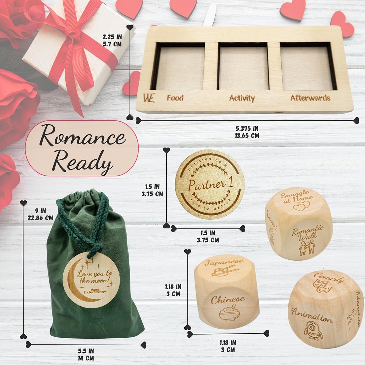 Deluxe Wooden Date Night Dice Set - Fun Romantic Game for Couples - 4 Engraved Dice, Elegant Board & Carry Bag for Valentine's, Anniversary, Special Nights - Food Dice Boyfriend Girlfriend