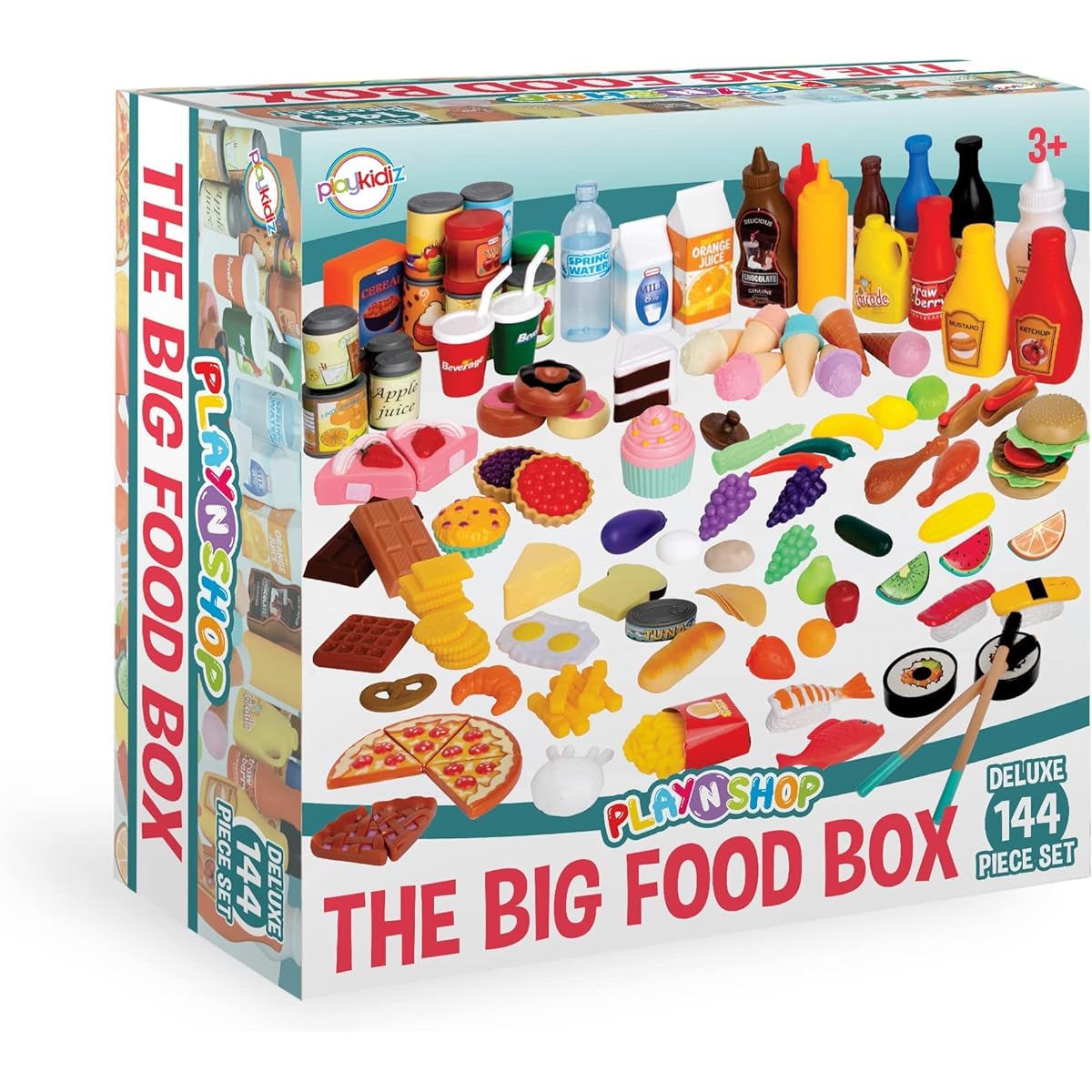 Playkidiz Pretend Play Deluxe Food Set - 144 Piece Plastic Kitchen Set for Food, Grocery Shopping, Cutting, Cooking, Plating and Play