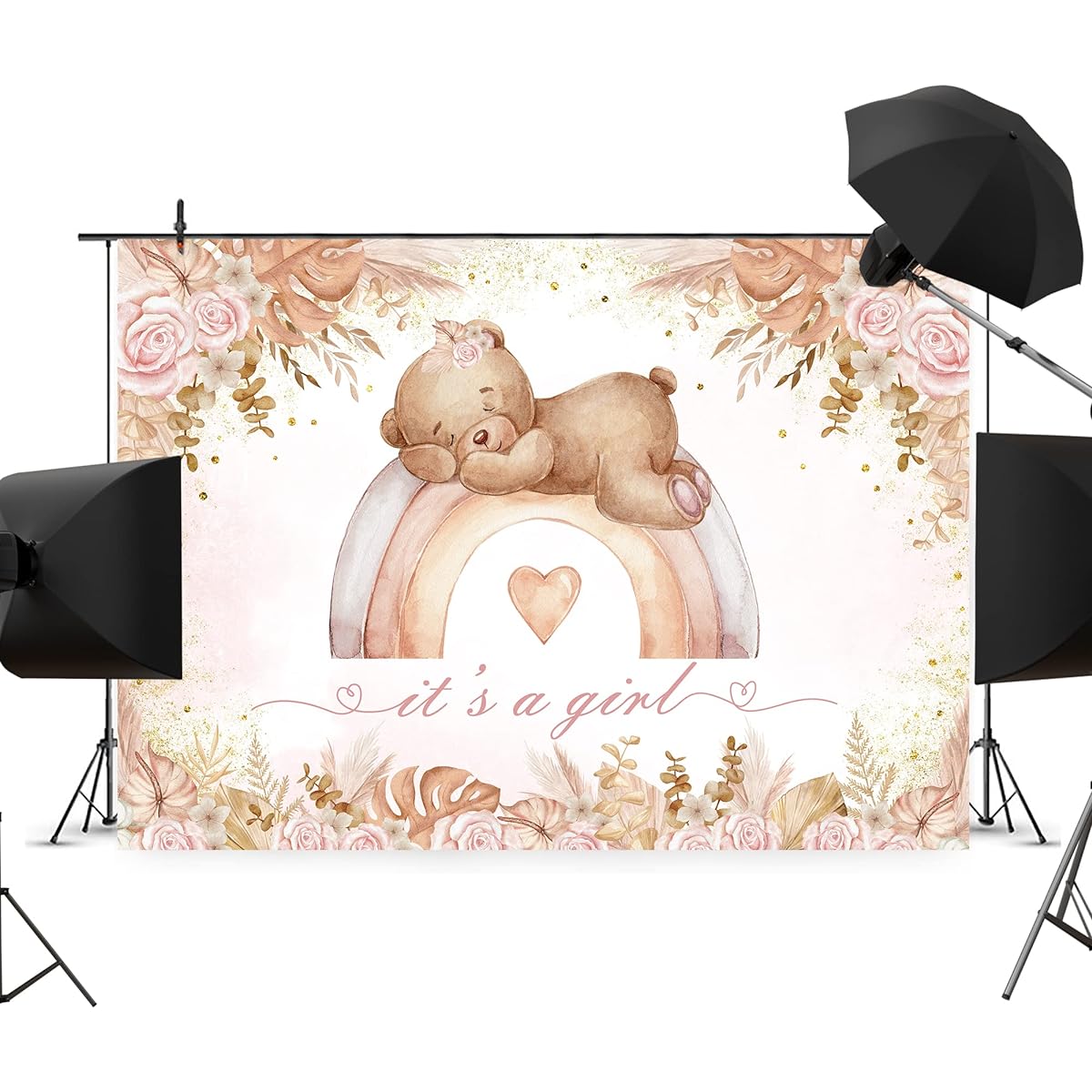 Newsely Boho Bear Baby Shower Backdrop 7W x 5H Photo Pastel Rainbow Pink Flower Pampas Grass Girl Backdrop Bohemian Lovely Party Decoration Banner Photo Booth Props Birthday Supplies