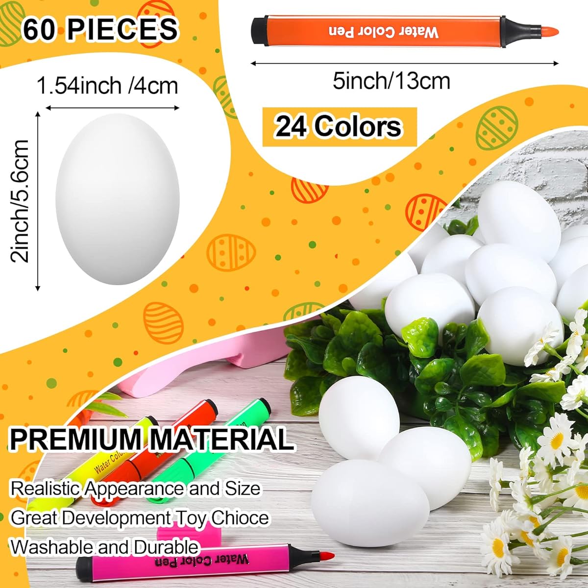 60 Pieces White Plastic Egg Shakers Musical Percussion Toys with 24 Markers Maracas Musical Instrument Easter Egg Rhythm Learning Toy Egg Maracas DIY Painting Easter Basket Fillers Party Favors