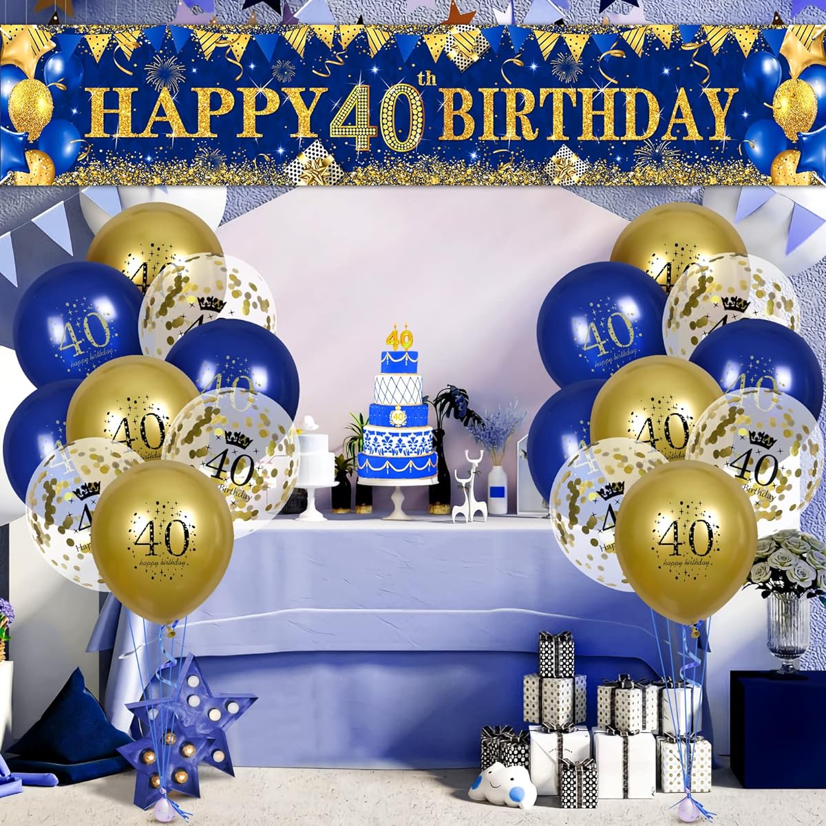40th Birthday Decorations for Men Women Blue and Gold Navy Blue Gold Birthday Yard Banner 40th Latex Inflatable Transparent Confetti Birthday Balloons 40th Anniversary Party Indoor Outdoor Supplies