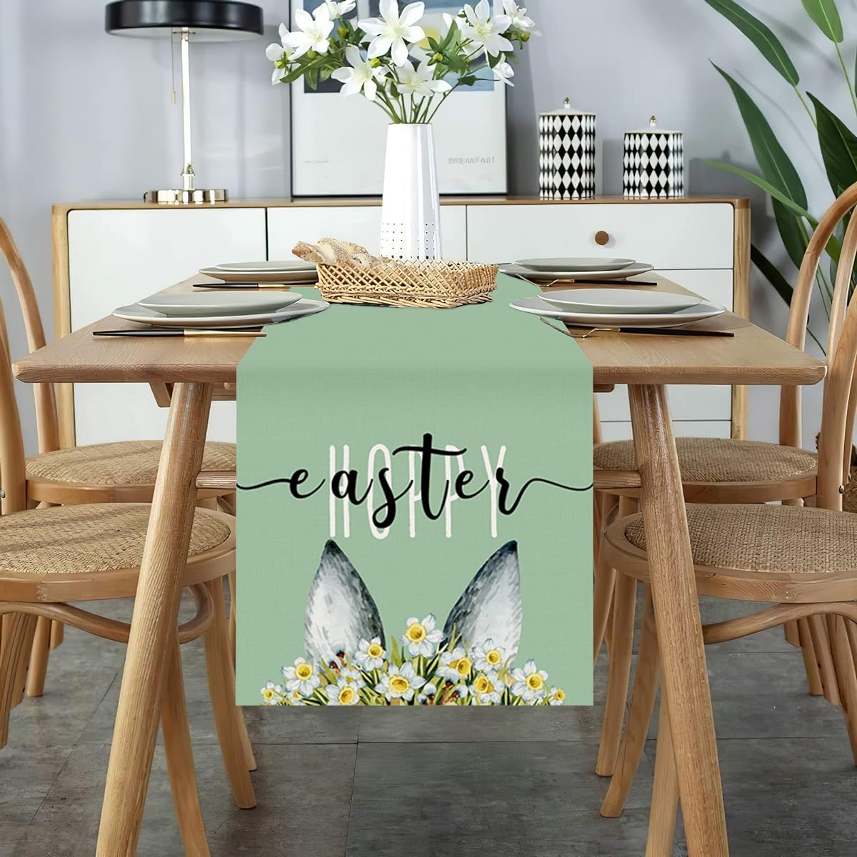 Celepaty Cute Bunny Ears Daffodil Green Hoppy Easter Table Runner Spring Easter Holiday Home Kitchen Dining Table Runner Decor 72" Long