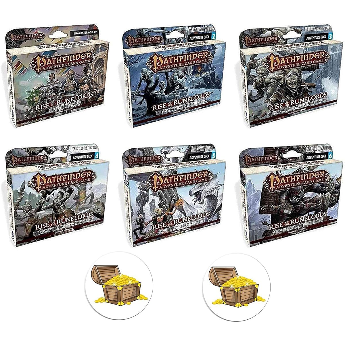 BUNDLE of All 6 Pathfinder Adventure Card Game Rise of the Runelords Expansion Decks Plus 2 Treasure Chest Buttons