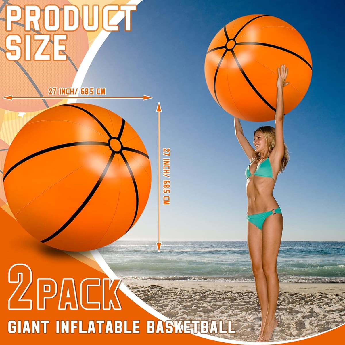 Meooeck 27 Inch Inflatable Ball Large Inflatable Basketball Giant Beach Ball Sports Ball Pool Summer Outdoor Activities Game Birthday Party Decorations