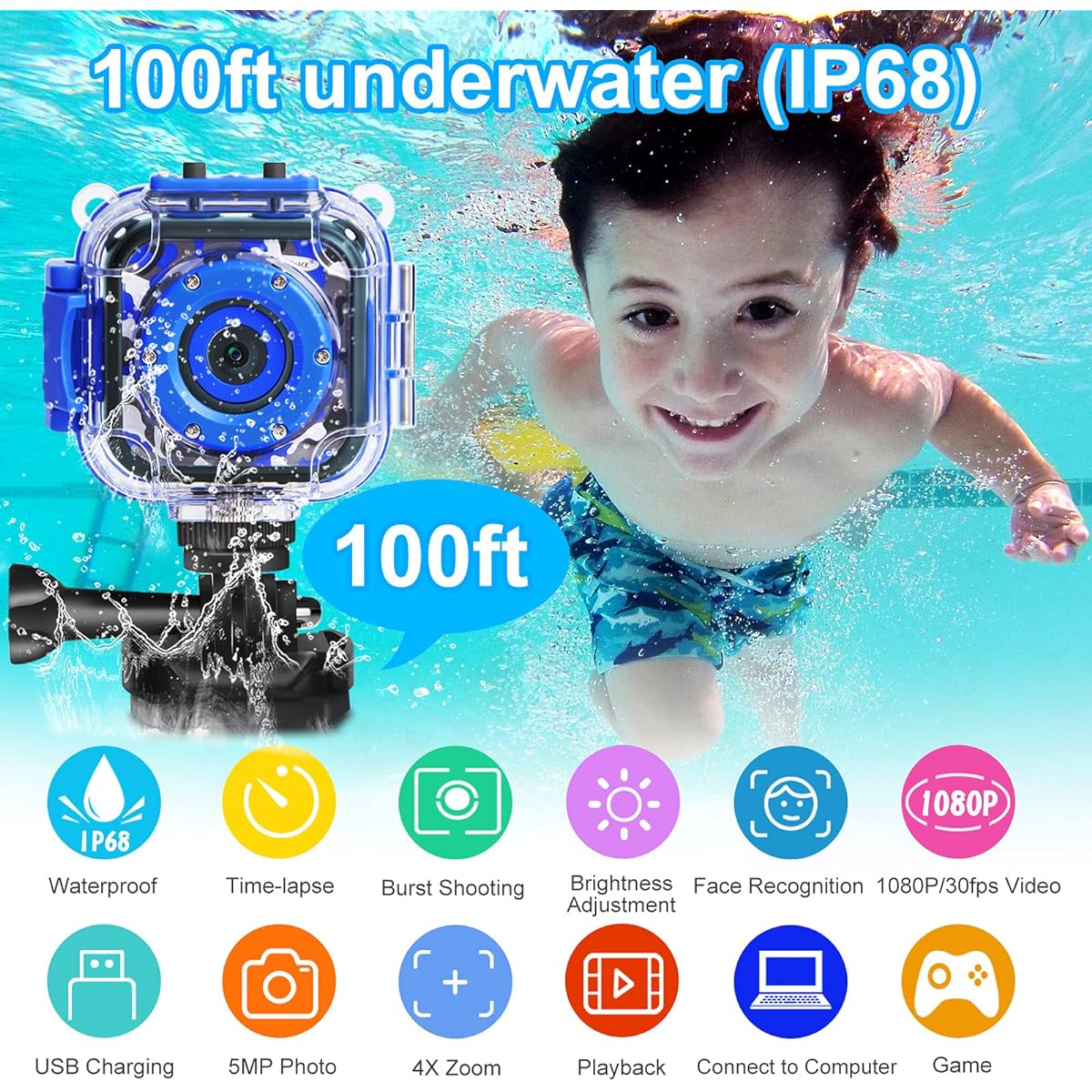 DROGRACE Children Kids Camera Waterproof Digital Video HD Action Camera 1080P Sports Camera Camcorder DV for Boys Birthday Holiday Gift Learning Camera Toy 1.77'' LCD Screen (Navy Blue)
