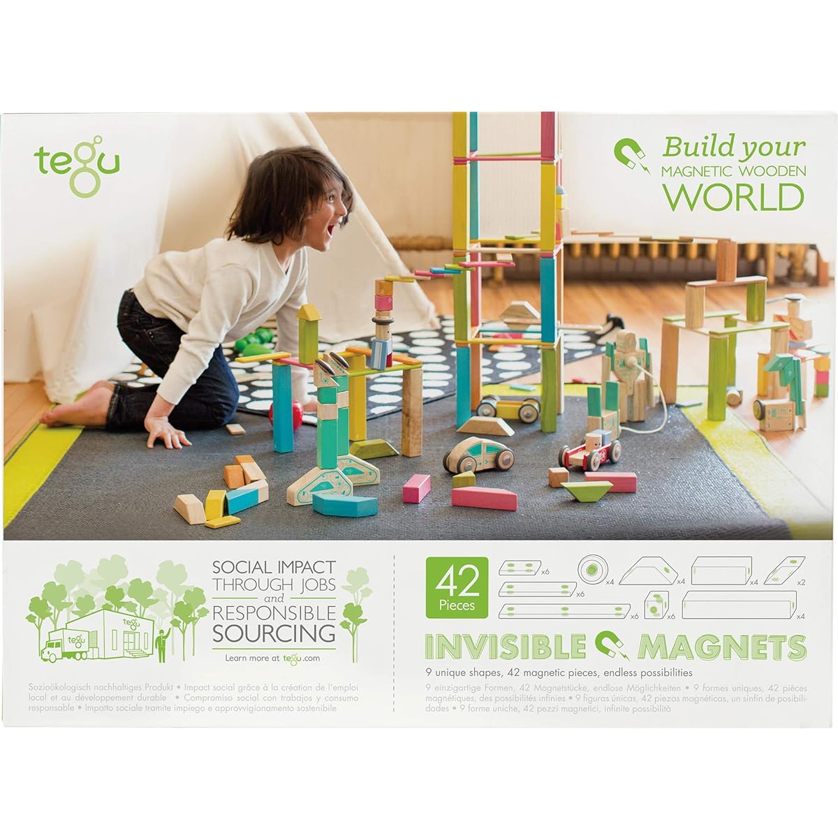 Tegu Magnetic Wooden Block Set, 42 Pieces, 42P-BLU-508T