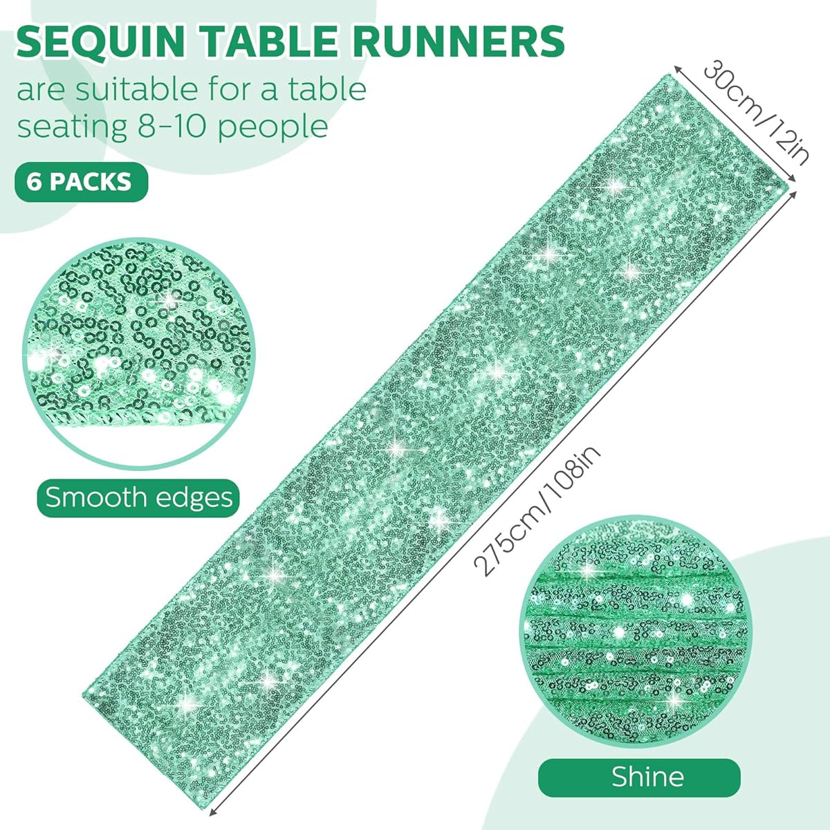 Tudomro 6 Pieces 12 x 108 Inch Mint Green Sequin Table Runner Wedding Glitter Table Runner Metallic Mint Green Tablecloth for Wedding Party Baby Bridal Shower Decorations