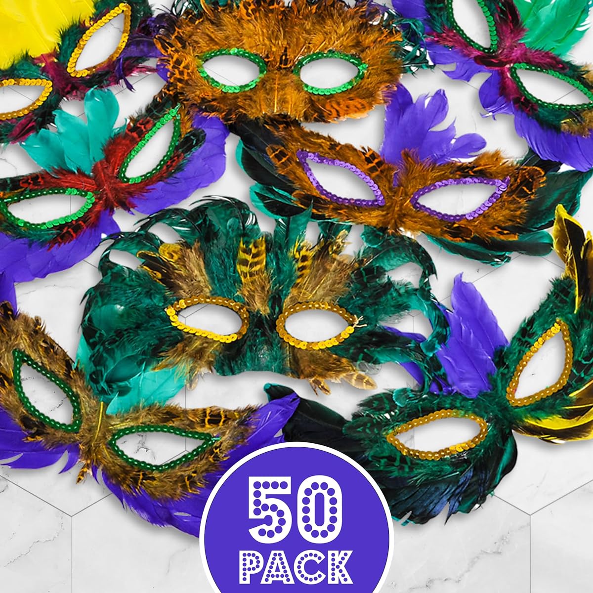 Bedwina Mardi Gras Masks - (50 Pack) Bulk Carnival Masquerade Masks Costume Party Supplies Feather Mardi Gras Decorations for Women Men Kids