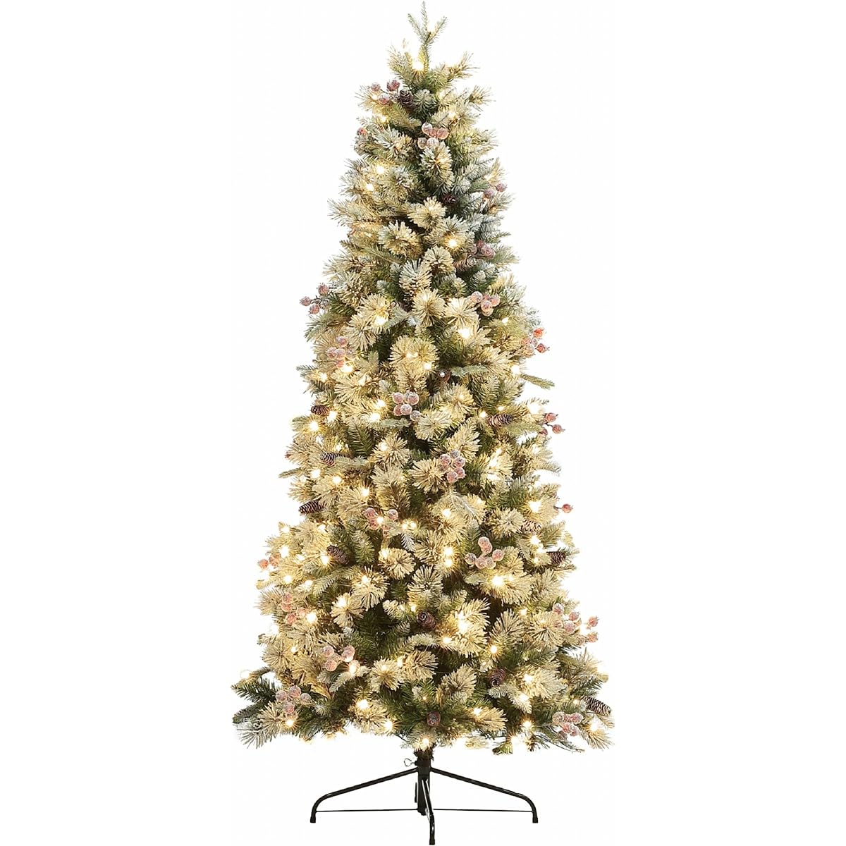 Luxenhome 6.5ft Artificial Christmas Tree Pre-Lighted Flocked with Berries and Pine Cones