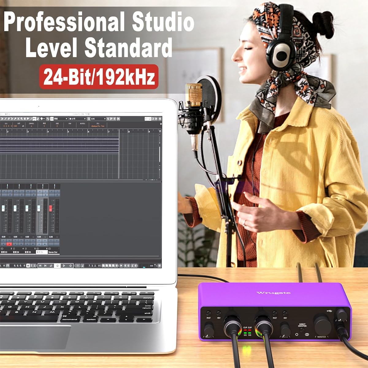 Wrugste(24-bit/192kHz) 2i2 Audio Interface for Podcasting and Streaming Recording Plug & Play Noise-Free XLR Audio Interface Ultra-Low Latency +48V Phantom Power for PC