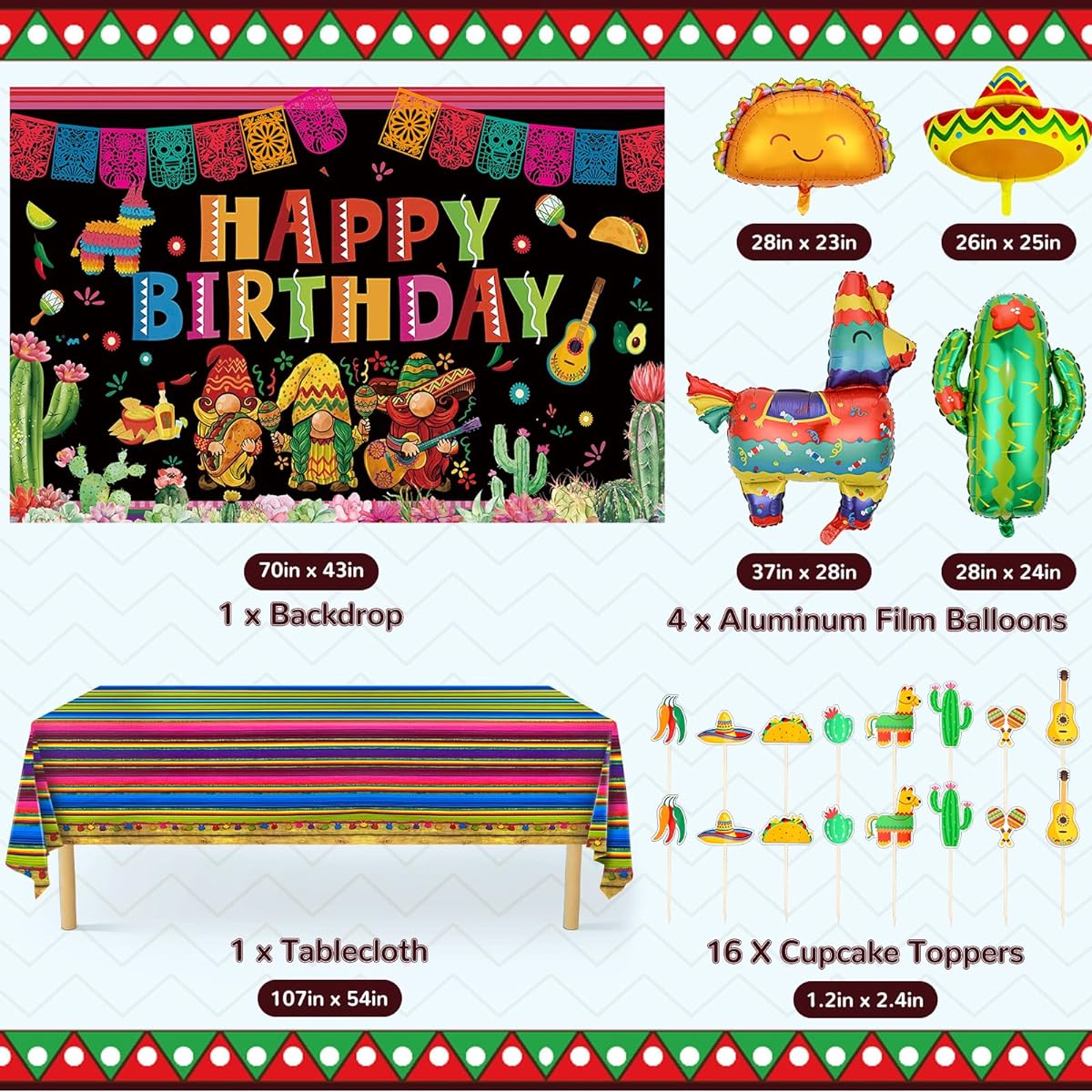 Mexican Party Decorations Fiesta Birthday Supplies Boys Girls Balloon Garland Kit Serape Tablecloth Happy Birthday Background Taco Balloon Decor Cinco de Mayo Party Decorations