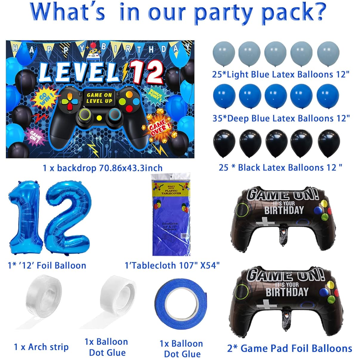 Vlipoeasn 90pcs 12th Birthday Video Game Party Decorations Set for Boys Blue 12th Birthday Supplies 12 Video Game Backdrop Balloons Tablecloth Gamer 12 Foil Balloons for 12th Birthday Party