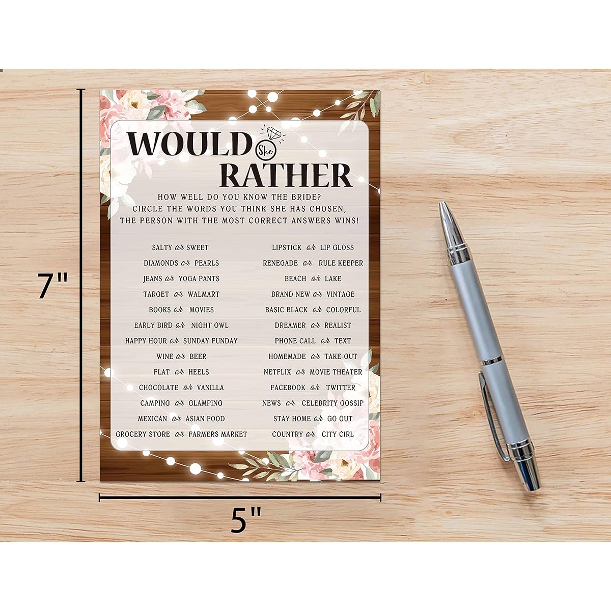 Bridal Shower Game Cards Would She Rather Game, Rustic Wood Pink Floral Engagement Party Cards for Wedding Set of 30 (Brown 003)