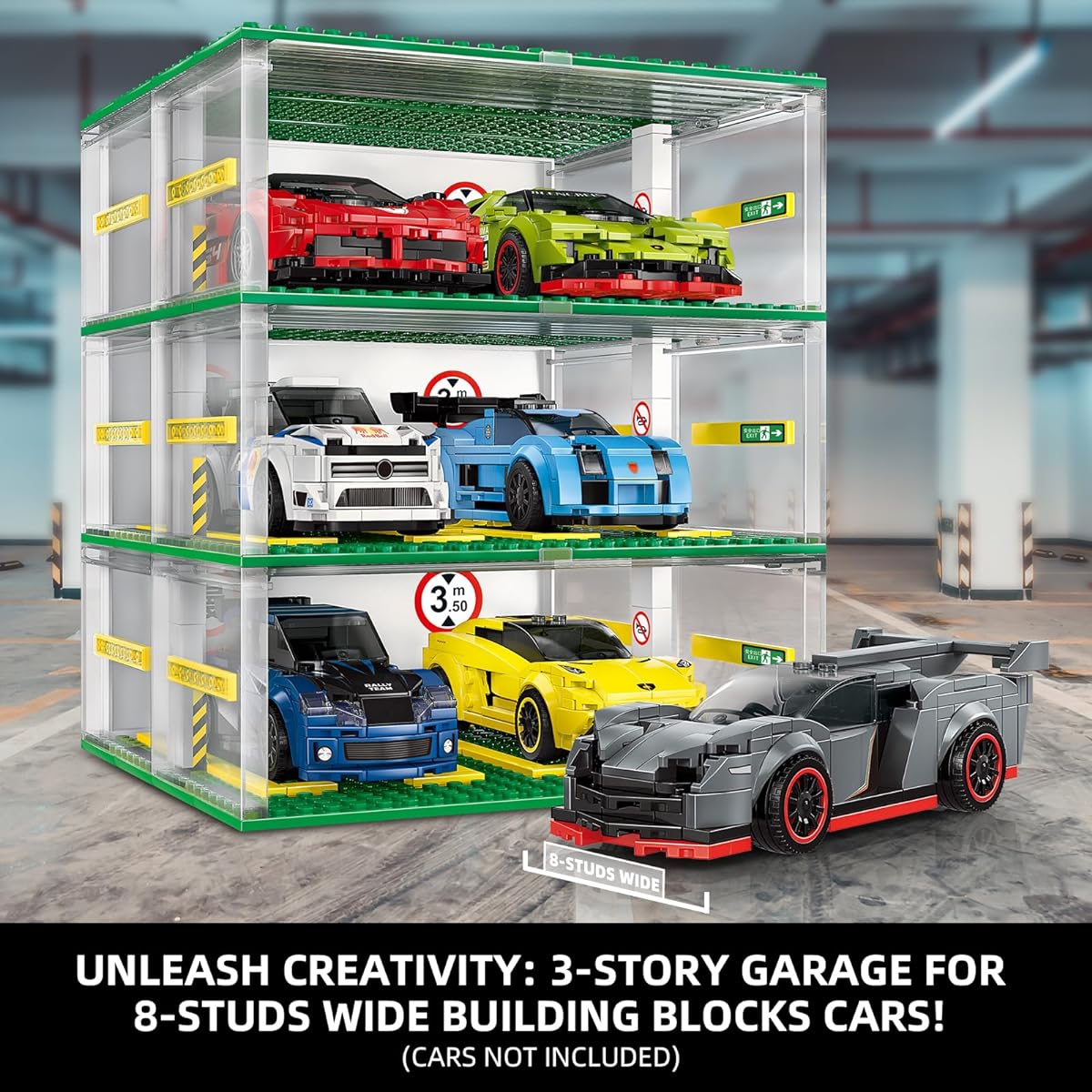 NEWABWN Creative 3-Storey Building Blocks Garage Display Function Compatible with Mainstream Building Toy Brands (130 Pieces) Perfect for 8-Tier Wide Building Blocks Cars (Cars Not Included)