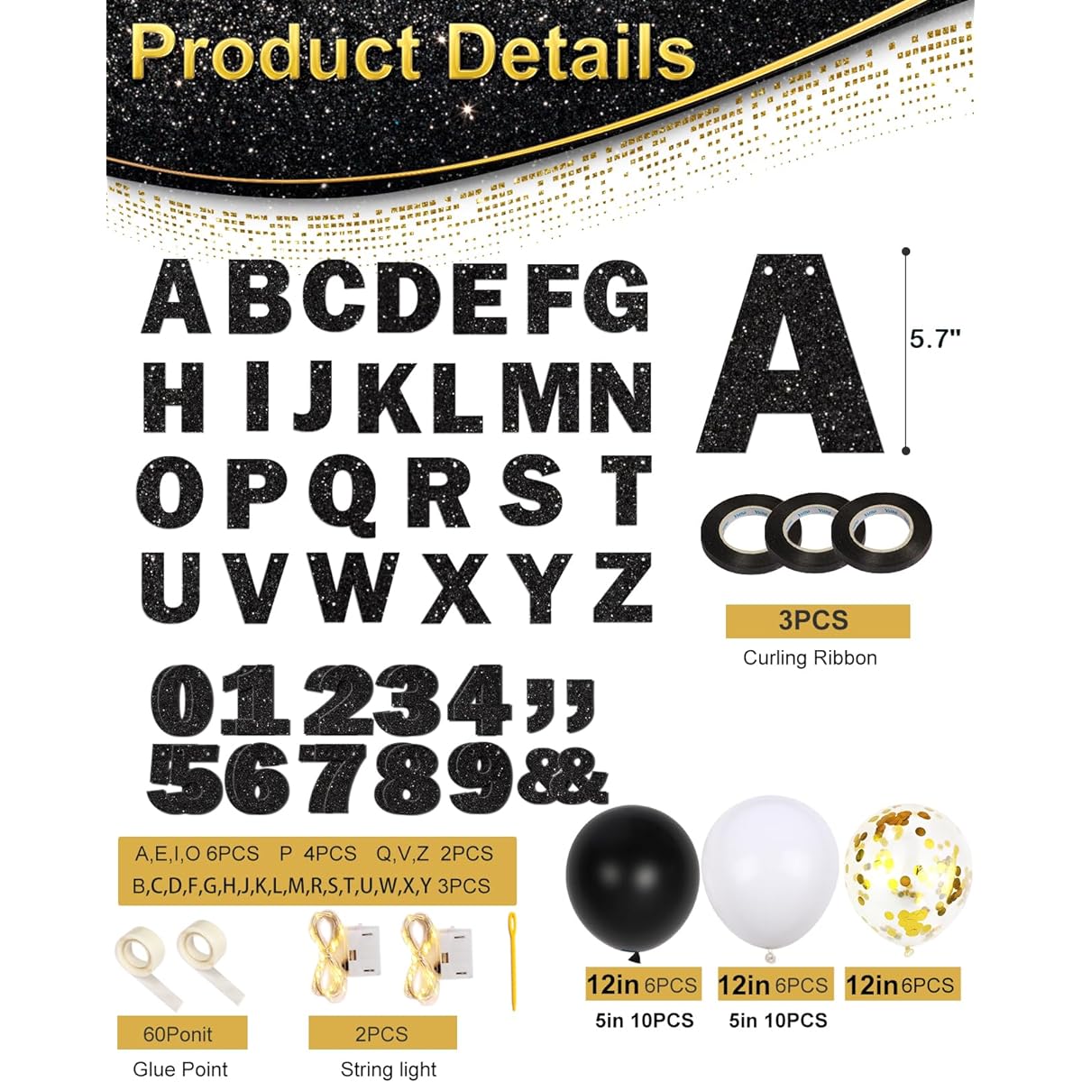 158 Pieces DIY Glitter Customizable Banner Kit Custom Banners Includes Letters, Numbers, Ropes, Lights, Balloons, Customized Banners & Personalized Banners for Birthday, Christmas, Baby Shower - Black