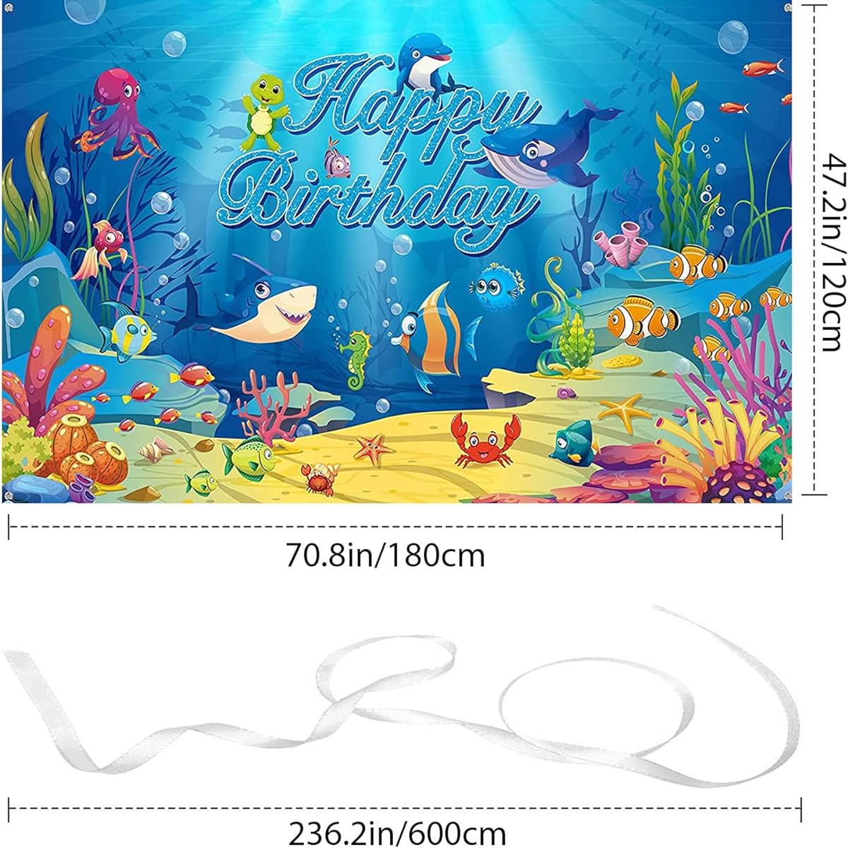 Shark Theme Happy Birthday Backdrop Banner,Under The Sea Background Ocean Animal Theme Birthday Photo Background for Kids Dolphin Shark Birthday Party Decorations 72.8 x 43.3 Inch