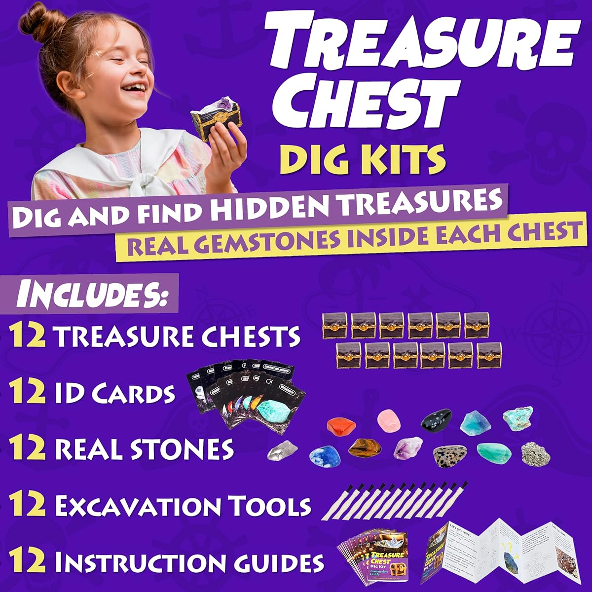 DANCING BEAR Treasure Chest Dig Kit Party Pack, Unearth 12 Surprise Real Gems and Crystals, STEM Education, Fun Pirate Rock Hunt, Science Activity Gift Set for Girls and Boys