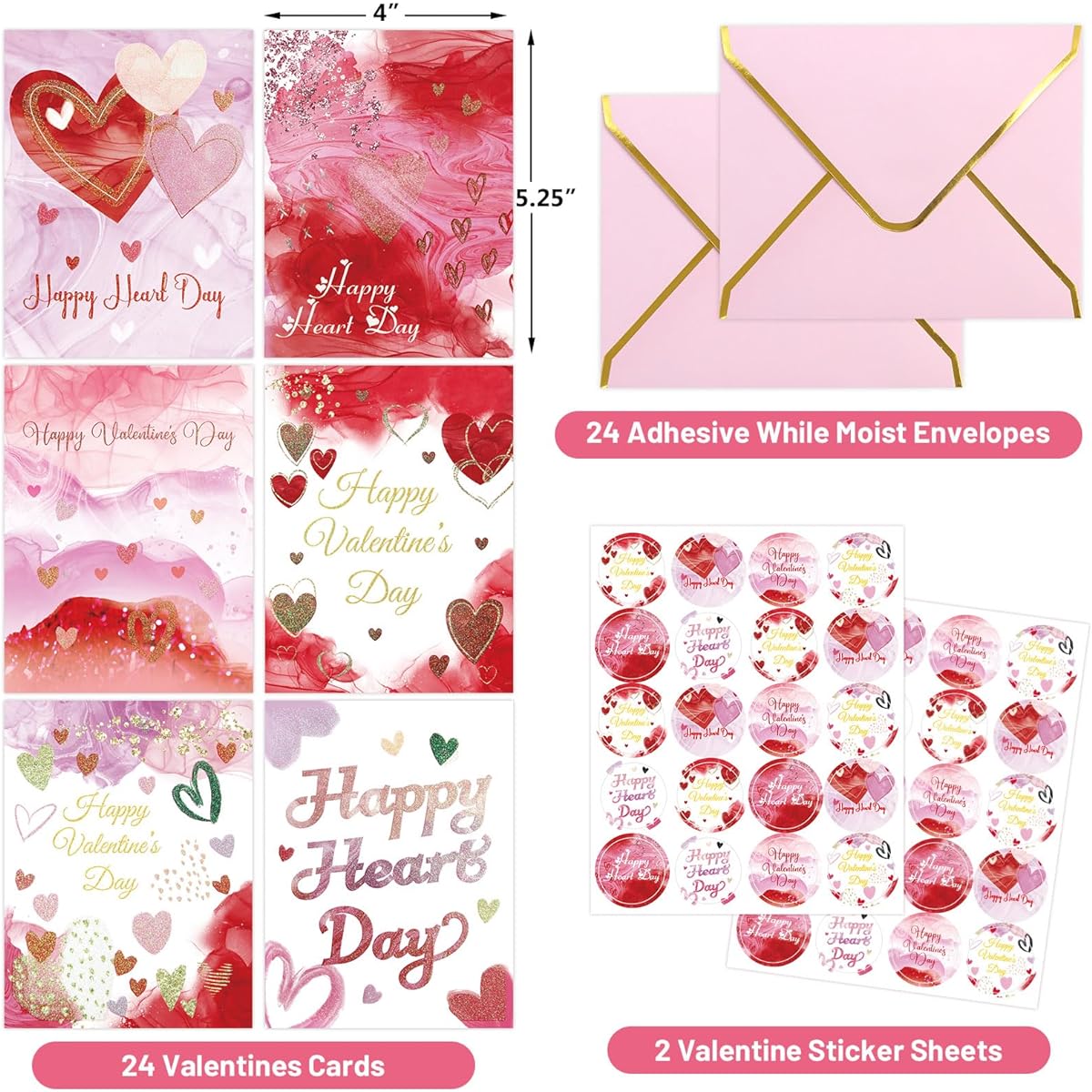 WorldBazaar Valentine Cards with Envelopes, Pack of 24 Watercolor Valentine's Day Cards