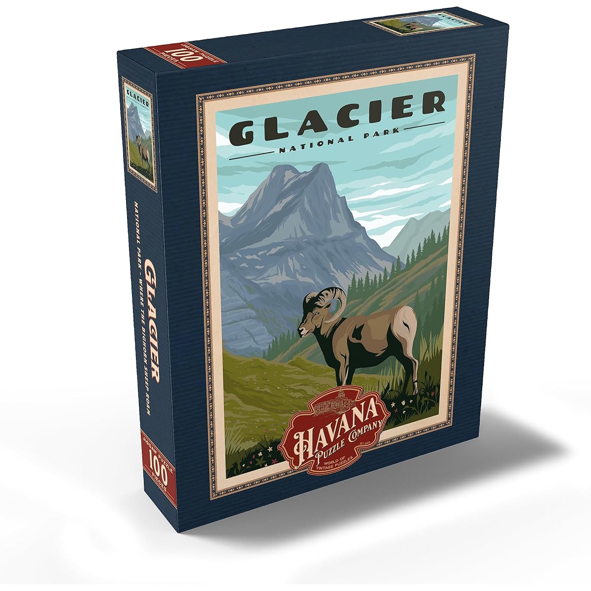 Glacier National Park - The Bighorn Sheep Roam, Vintage Travel Poster - Premium 100 Piece Jigsaw Puzzle for Adults