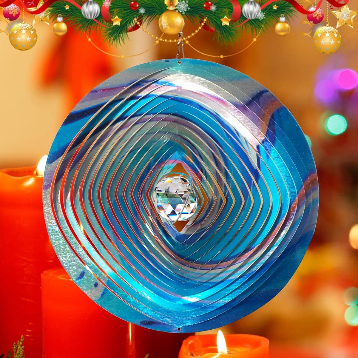 FONMY Mandala Wind Spinner w/Crystal Ball 3D Stainless Steel Hanging Wind Spinner Christmas Decorations Indoor/Outdoor Garden Decor Kinetic Yard Art Decor 12" Multi-Blue Wind Sculpture