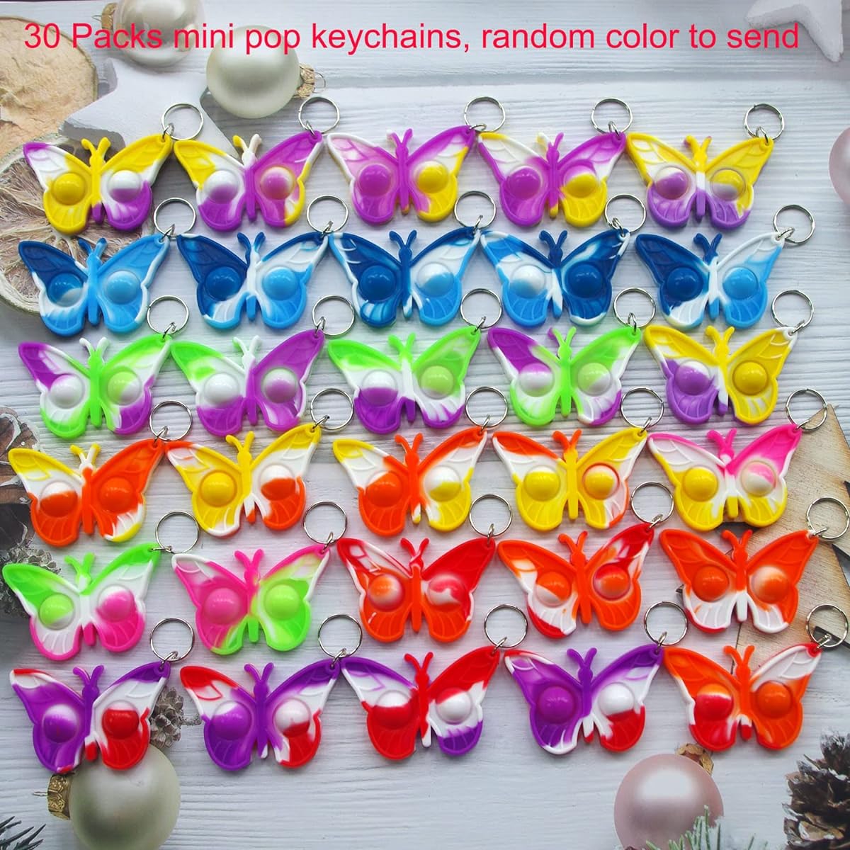 30 Pack Rainbow Bulk Butterfly Mini Pops Fidget Keychains Bubble Gifts for Adults Kids Party Favors Classroom Student Awards