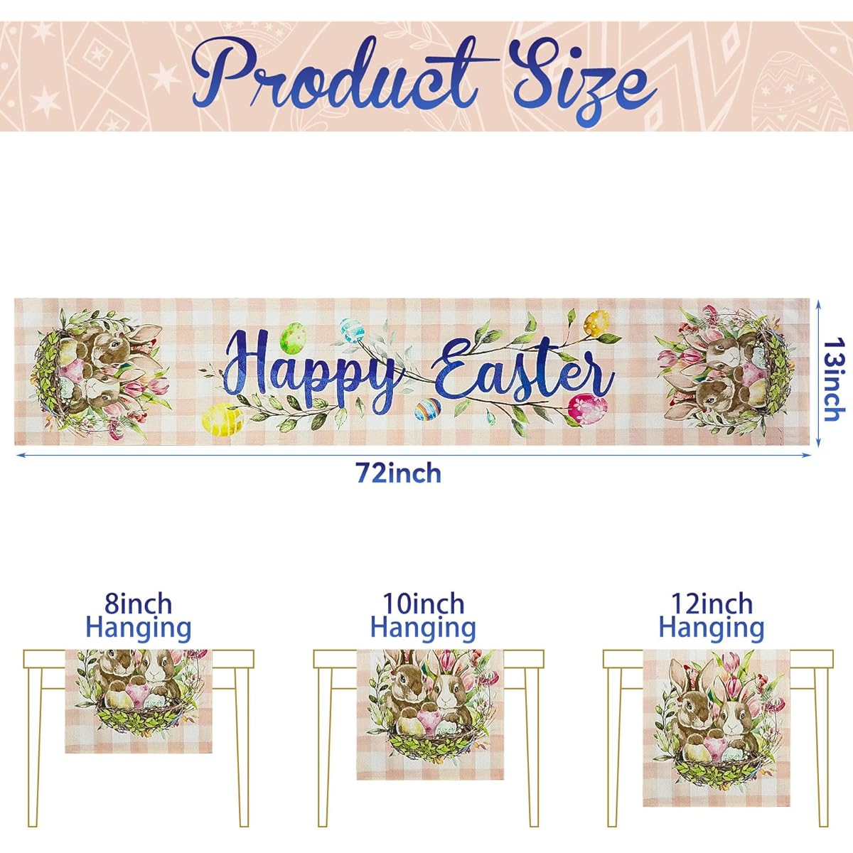 BOARDFEB Easter Table Runner Cute Bunny Flowers Leaves Eggs Happy Easter Runner Pink Spring Holiday Kitchen Dining Table Home Party Decor 13x72inch