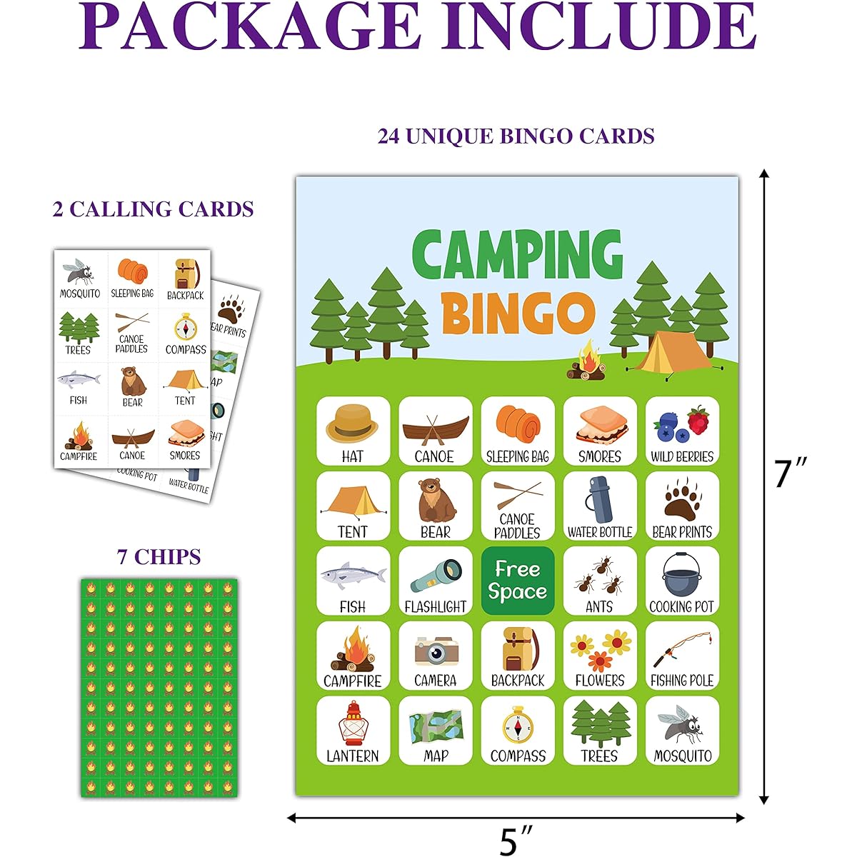 Camping Bingo Game, Camping Game, Bingo Card for Kids, School Party, Birthday, Outdoor Game, Camping Activities, Nature Party Supplies, Decoration, Serves 24, Bingo Game (A05)