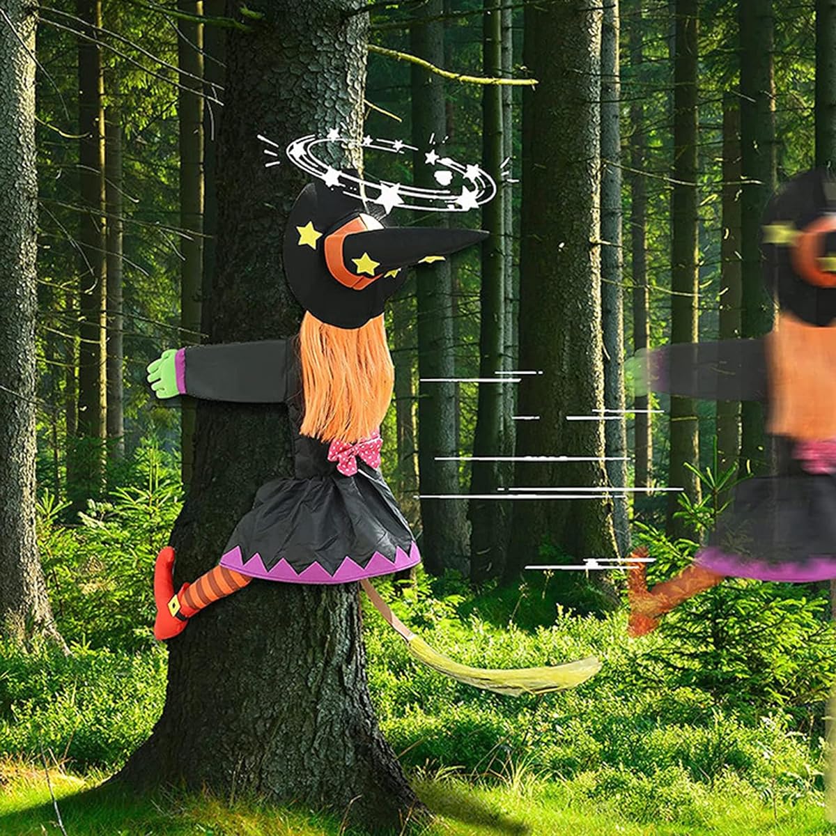 Witch Crashing into a Tree Halloween Decorations Crashing Witch Hanging Halloween Witch Props Outdoor Halloween Decor Tree Door Porch Party Supplies (35" H x 27" W)