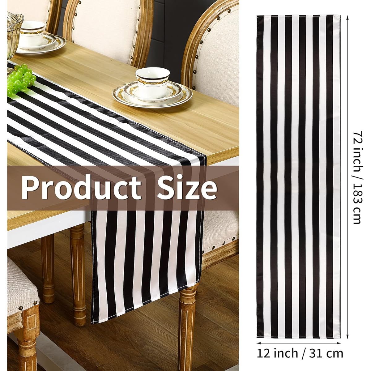 Black and White Striped Table Runner Polyester Table Decor Elegant Classic Tablecloth Machine Washable for Indoor Outdoor Events Family Dinner Banquet Parties and Celebrations (8 Pieces, 12 x 72 Inch)