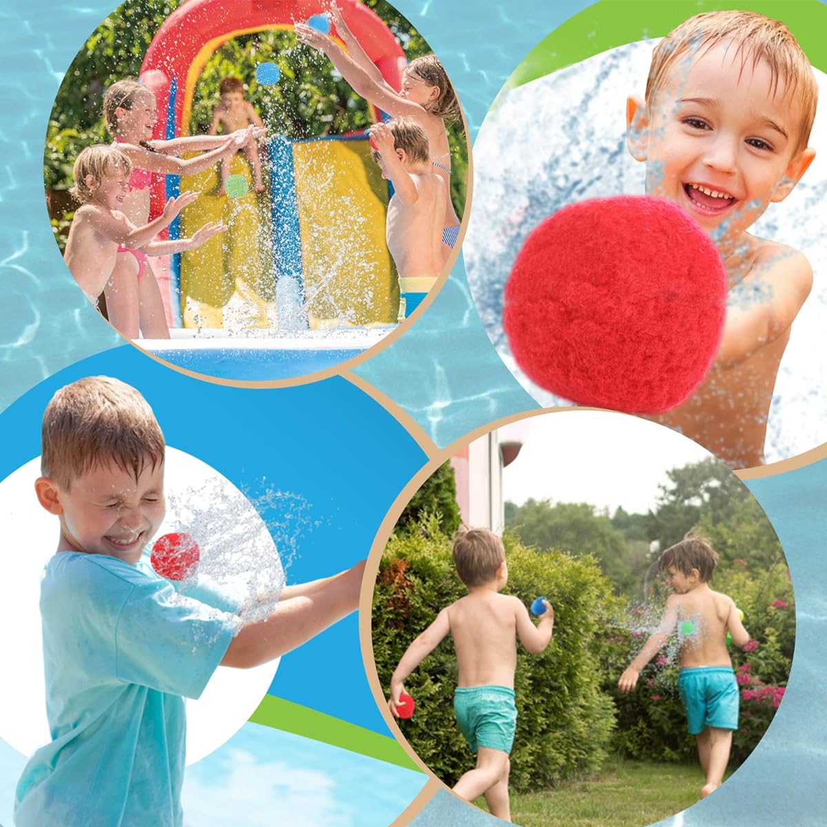 KUANGO 60pcs Cotton Water Balls for Teens and Adults, Reusable Splash Water Balls Trampoline Toys with Accessories and Bag, Pool Beach Water Balloons Outdoor Water Toys for 4-8 8-12