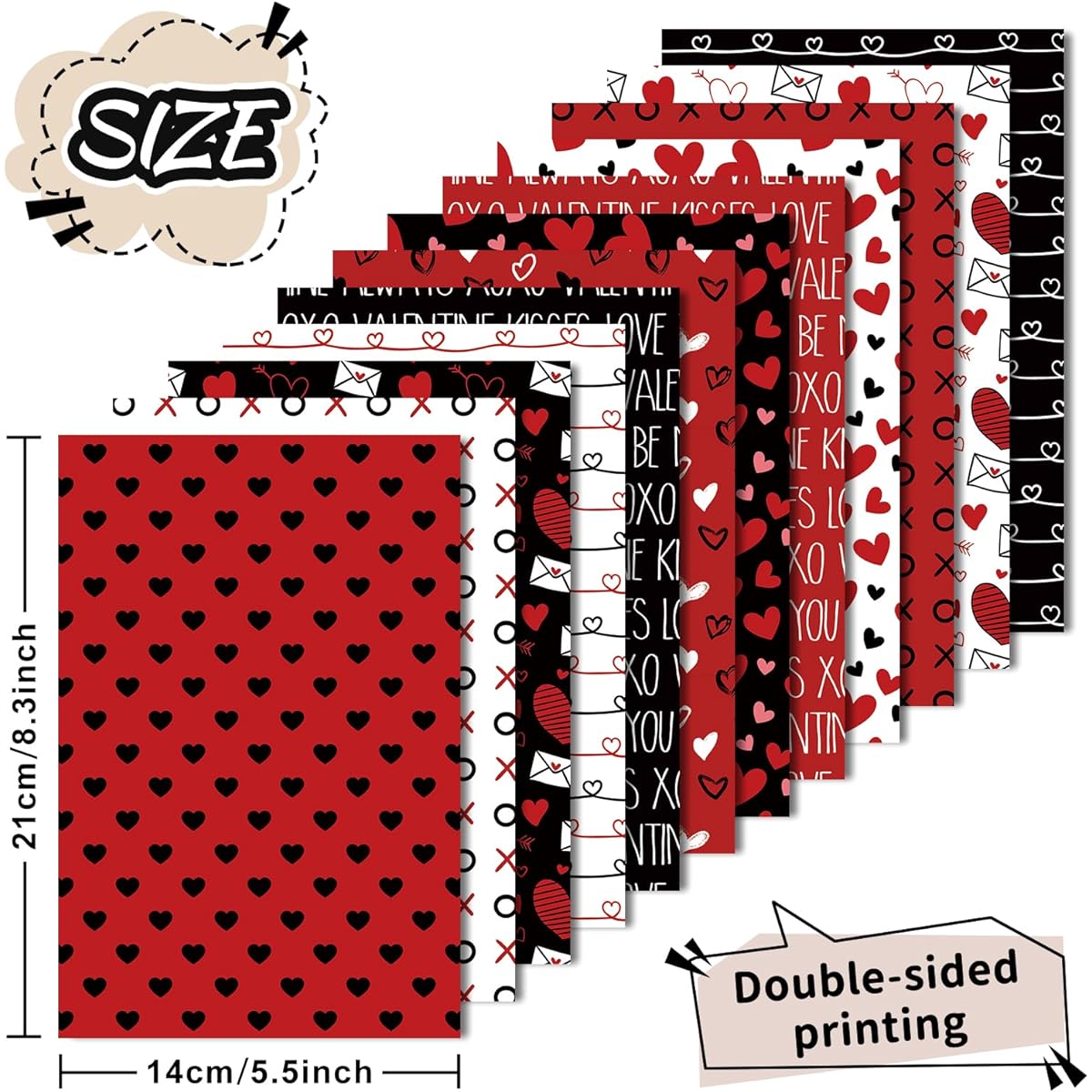 Whaline 60 Sheets Valentine Pattern Paper Red Black Heart Love Scrapbook Specialty Paper Doodle Decorative Craft Paper DIY Card Making Photo Album Journal Decoration 5.5 x 8.3 Inch
