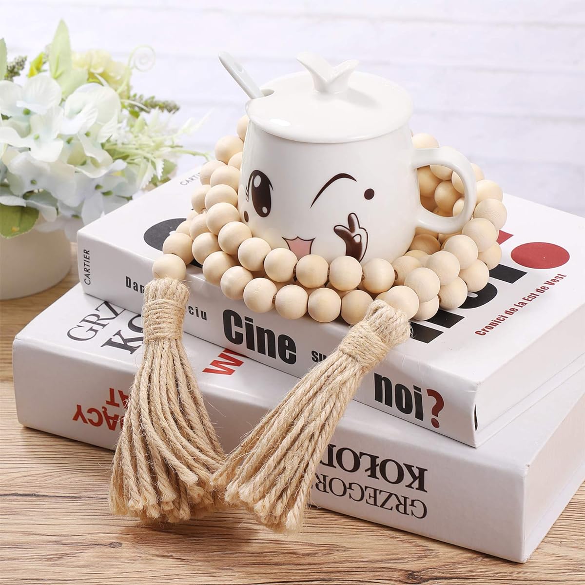 BESPORTBLE Farmhouse Beads 63" Wooden Bead Garland with Tassels, Rustic Decor, Prayer Beads, Wall Hanging Decor