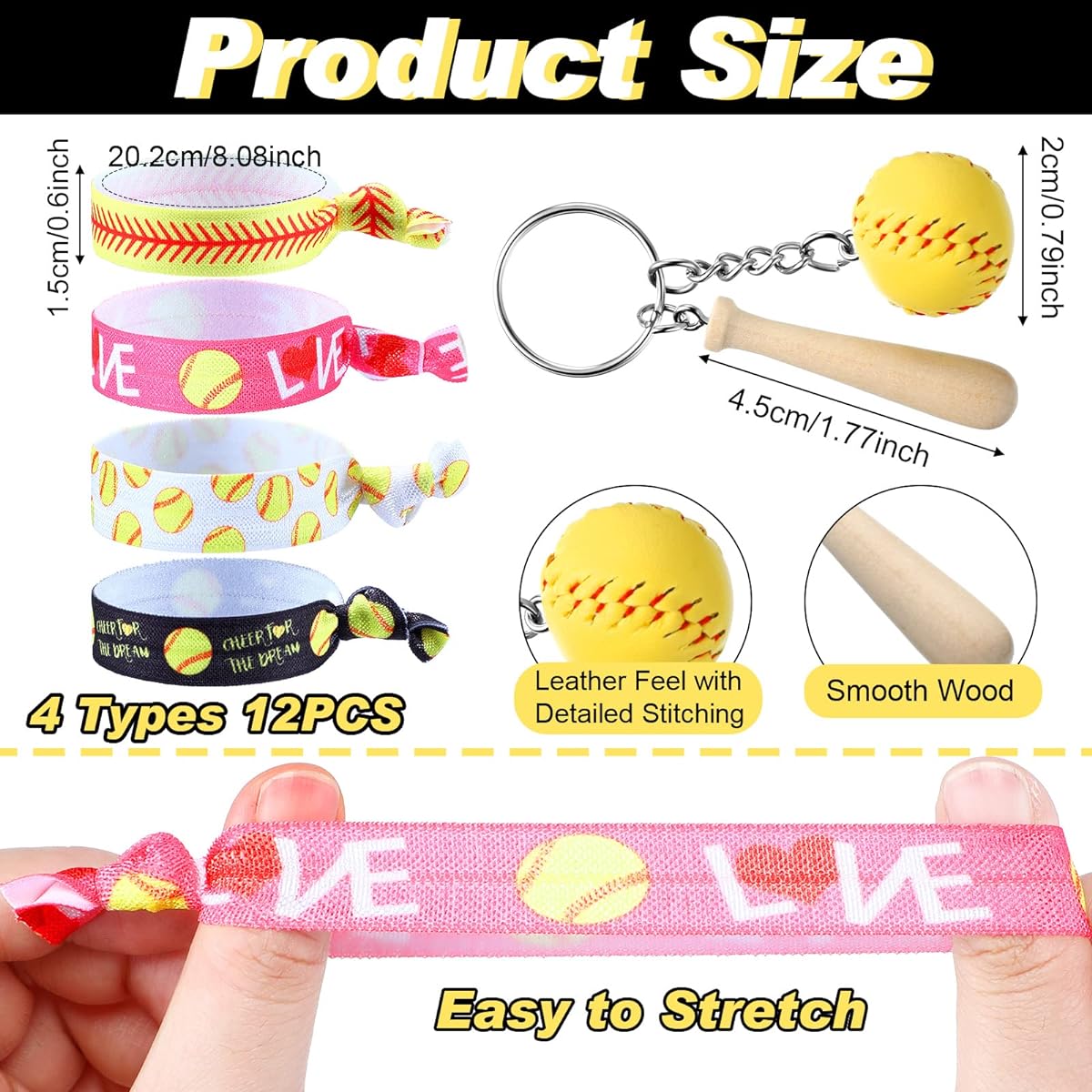 48 Piece Softball Party Favors Set - 12 Softball Key Chains, 12 Softball Hair Ties, 12 Softball Sports Hair Scrunchies, 12 Softball Charm Bracelets for Women and Girls Sports Birthday Party Decorations