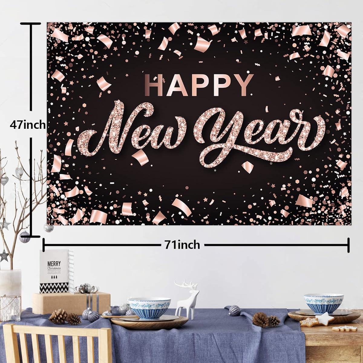 Happy New Year 2023 Banner Backdrop Glitter Confetti Theme Decor Decorations Home Winter Christmas New Year's Eve Countdown Party Supplies Background Photo Booth Props Gifts Rose Gold