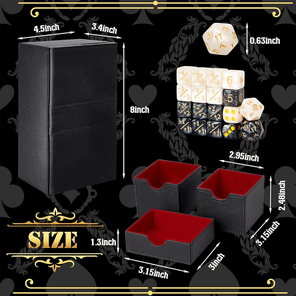 Deekin Deck Card Box, Card Deck Game Box Compatible with MTG TCG CCG Commander Deck, Playing Card Case, Card Deck Holder, 3 Trays for 220+ Sleeved Cards with 18 Dice, 8" x 4.5" x 3.4" (Red Black)