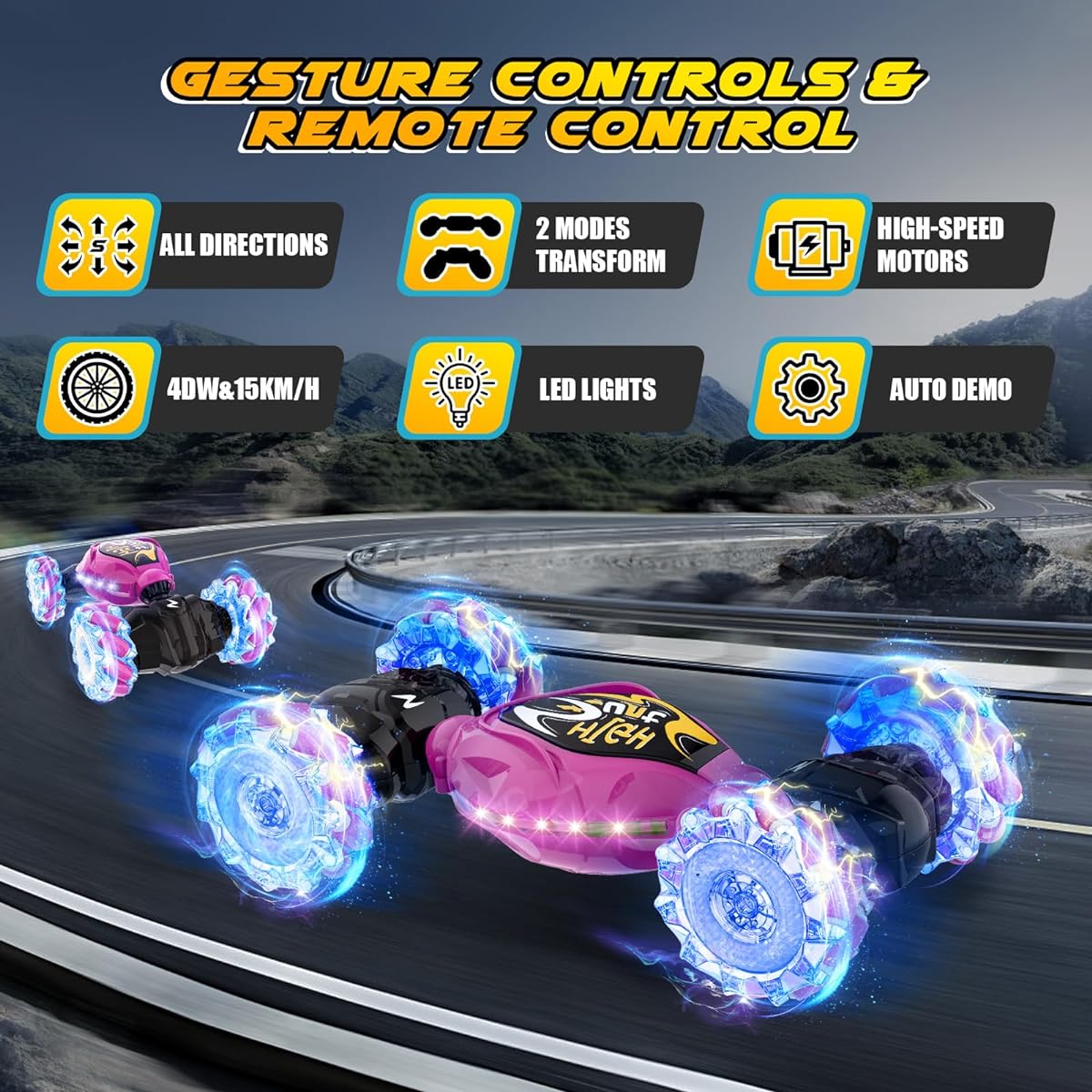 OSIMILY Remote Control Car RC Stunt Car with Lights & Music 4WD 2.4GHz Remote Control Twist Car (Red)