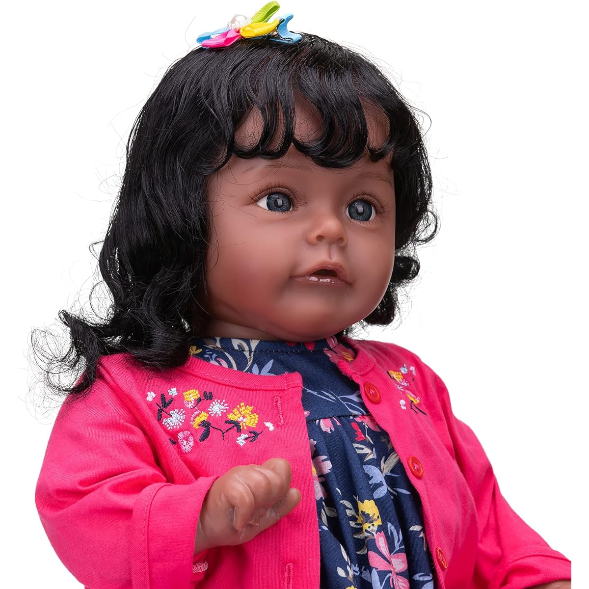 Ninonina Lifelike 24" African American Reborn Baby Doll Black Silicone Girl Doll Curly Hair Open Eyes Real Life